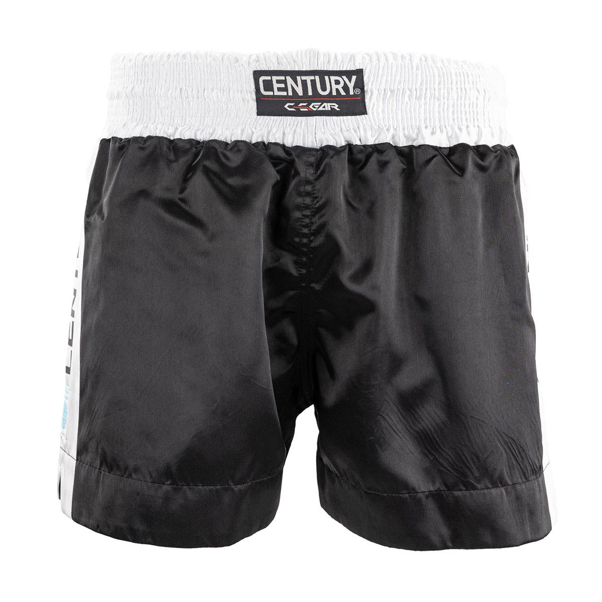 Black kickboxing shorts with elastic waistband and CENTURY logo patch