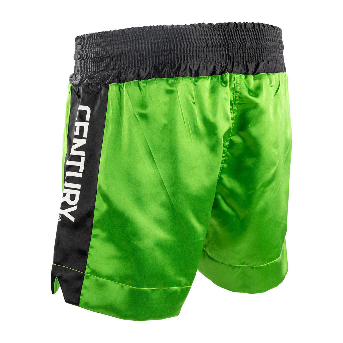 WAKO kickboxing shorts in neon green, side view with black stripe logo panel