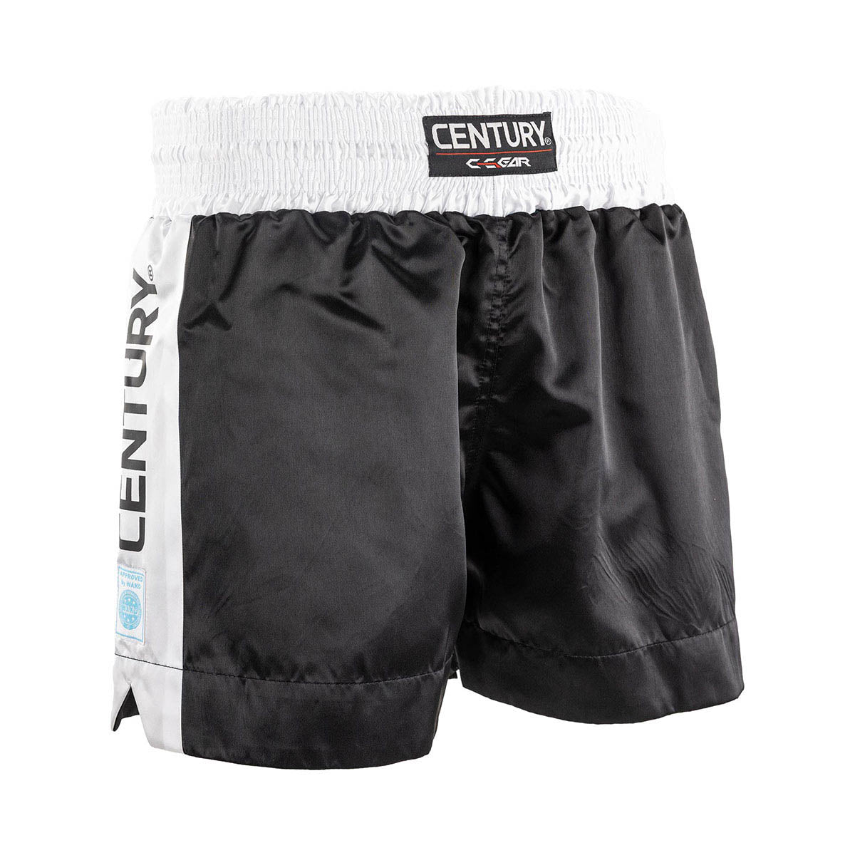 Black kickboxing shorts with white side panel and CENTURY waistband logo
