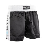 Black kickboxing shorts with white side panel and CENTURY waistband logo