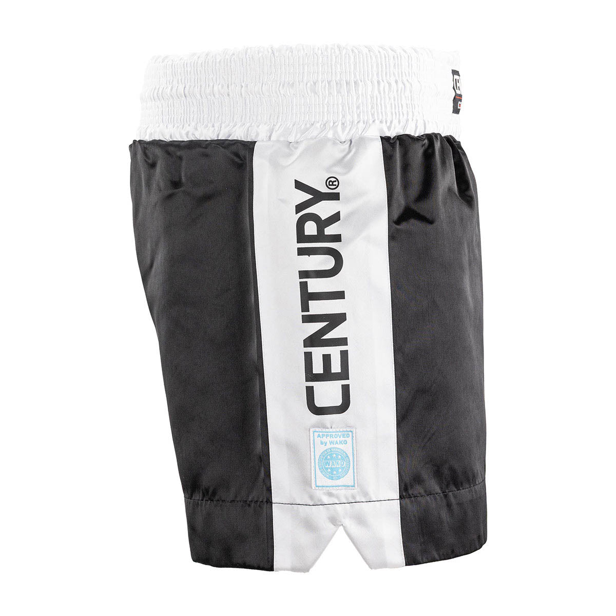 Black kickboxing shorts with white side stripe and CENTURY logo on waistband