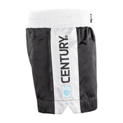 Black kickboxing shorts with white side stripe and CENTURY logo on waistband
