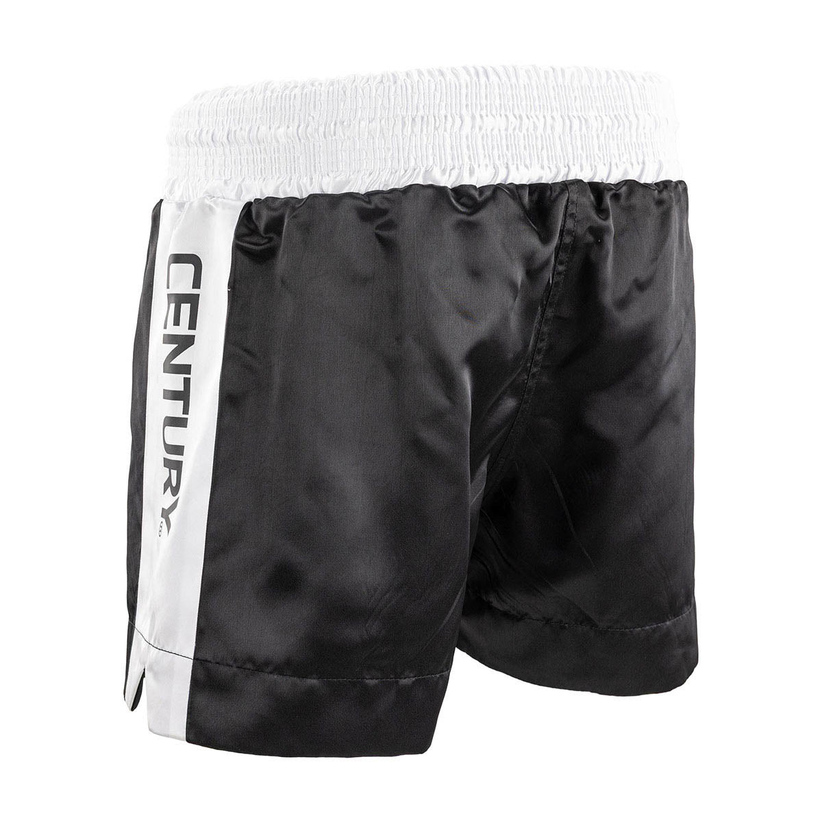 Black kickboxing shorts with white side panel and vertical CENTURY text strap
