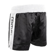 Black kickboxing shorts with white side panel and vertical CENTURY text strap