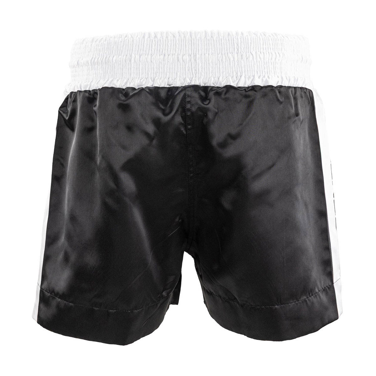 Black kickboxing shorts with elastic waistband, back view