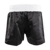 Black kickboxing shorts with elastic waistband, back view