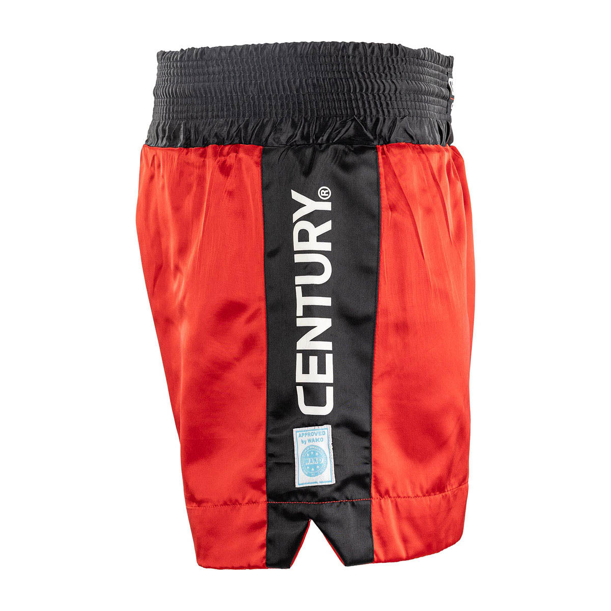 Red kickboxing shorts with central white panel and vertical CENTURY text