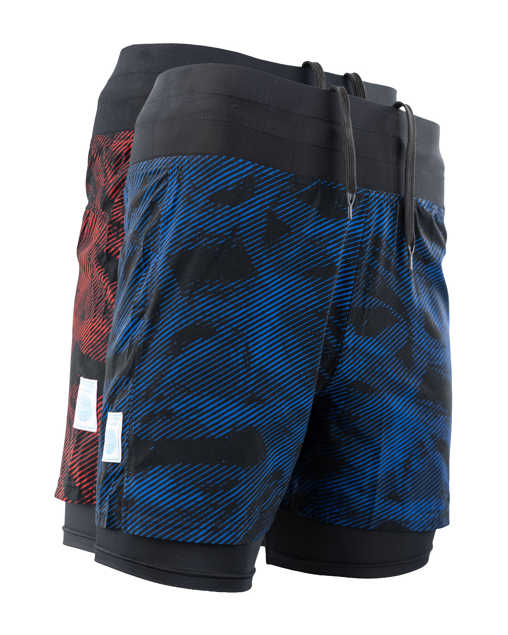 Men's blue patterned training shorts with black waistband, drawstring, and side tag.