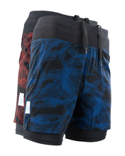 Men's blue patterned training shorts with black waistband, drawstring, and side tag.
