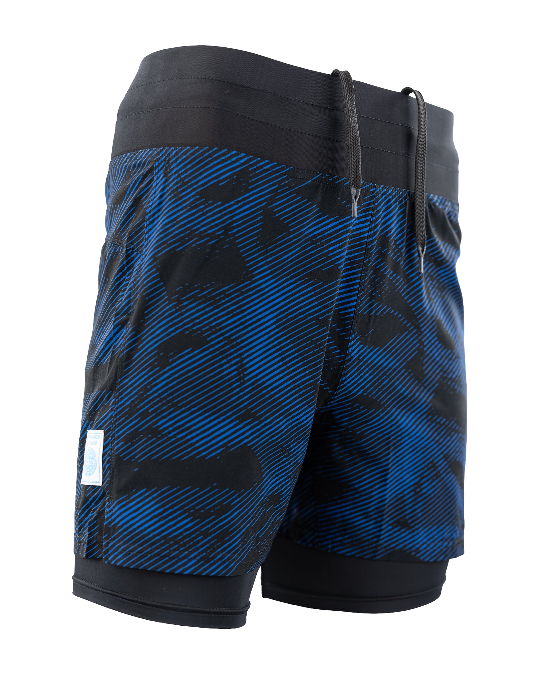 Men's blue patterned training shorts with black hem cuffs and elastic waistband.