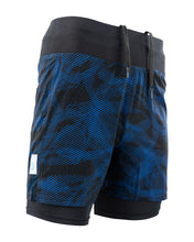 Men's blue patterned training shorts with black hem cuffs and elastic waistband.