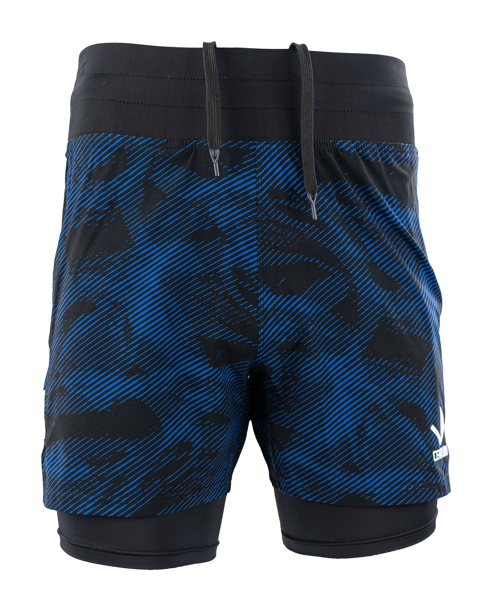 Men's 5" lined training shorts in black with blue geometric print, drawstring waist