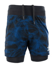 Men's 5" lined training shorts in black with blue geometric print, drawstring waist