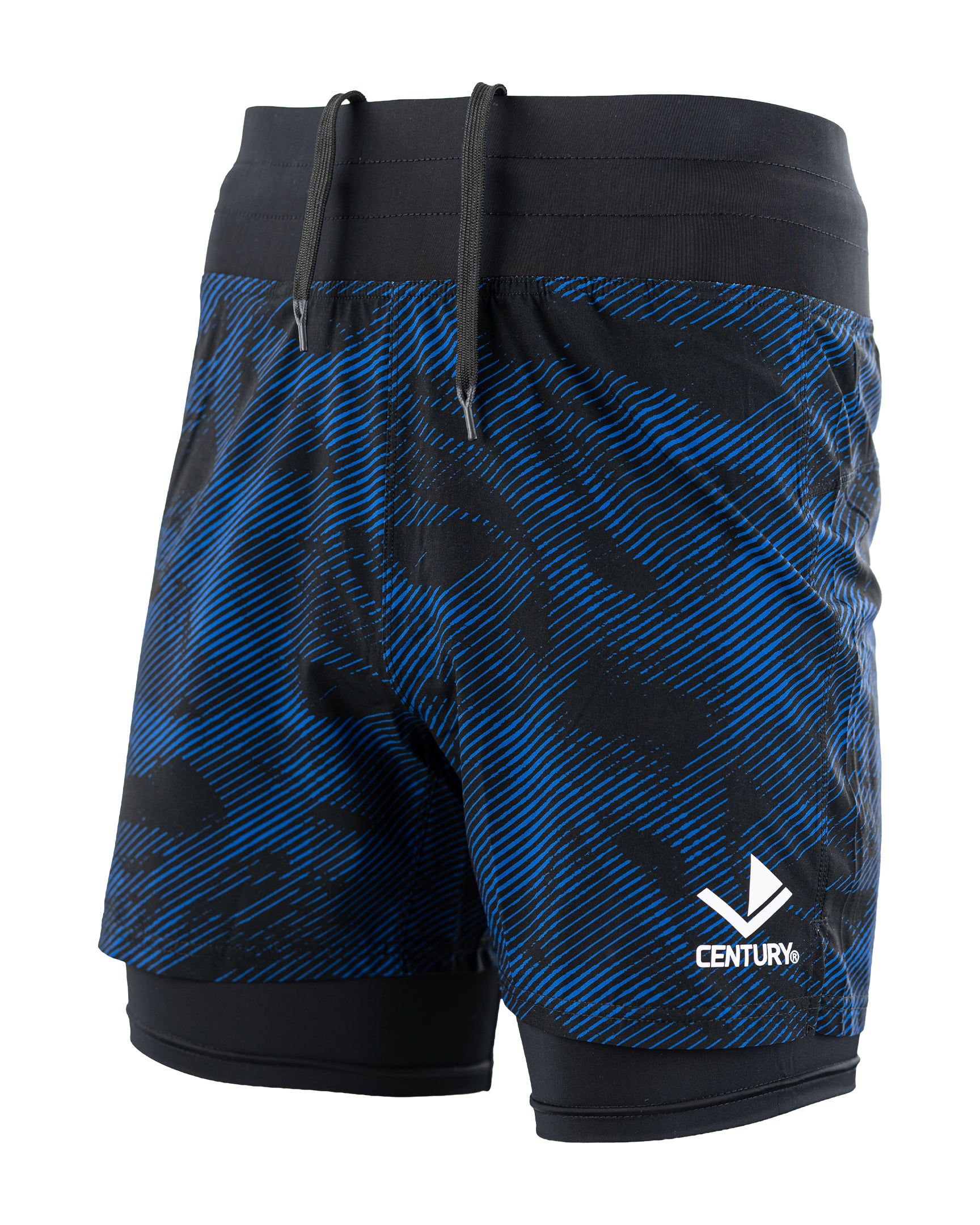 Men's training shorts with blue patterned print and black waistband, drawstring closure.