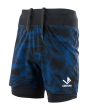 Men's training shorts with blue patterned print and black waistband, drawstring closure.
