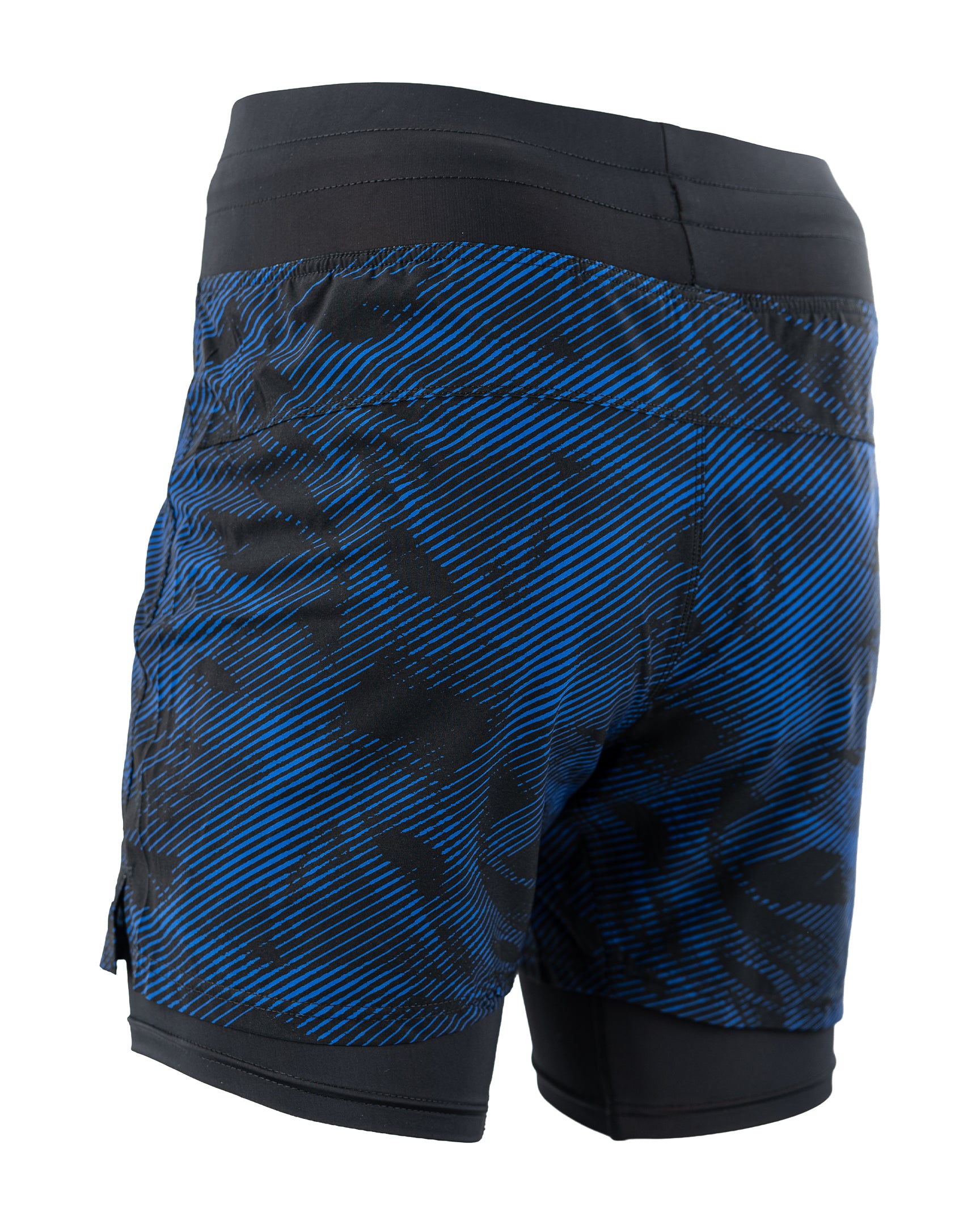 Men's blue patterned training shorts with elastic waistband and black leg cuffs.