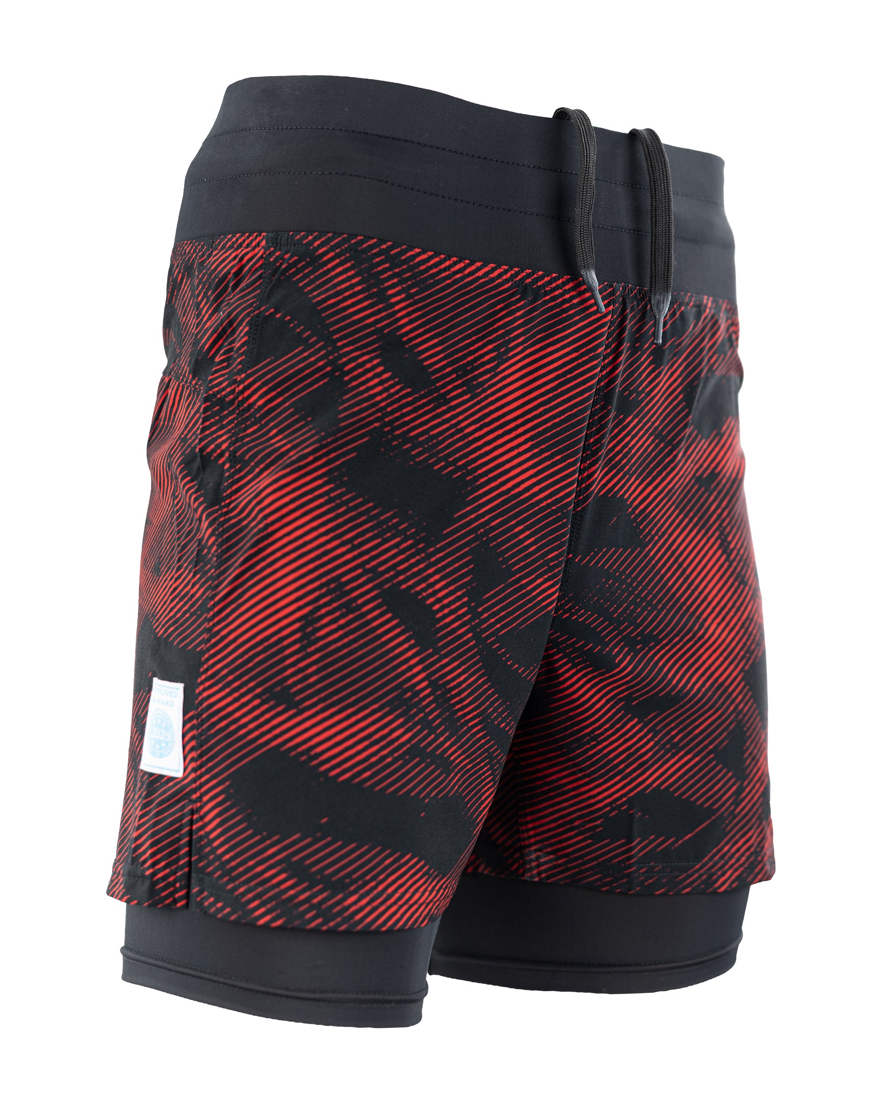 Men's red patterned training shorts with black waistband and drawstring, elastic leg cuffs.