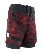 Men's red patterned training shorts with black waistband and drawstring, elastic leg cuffs.