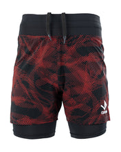 Men's red patterned training shorts with black waistband and elastic cuffs, centered logo.