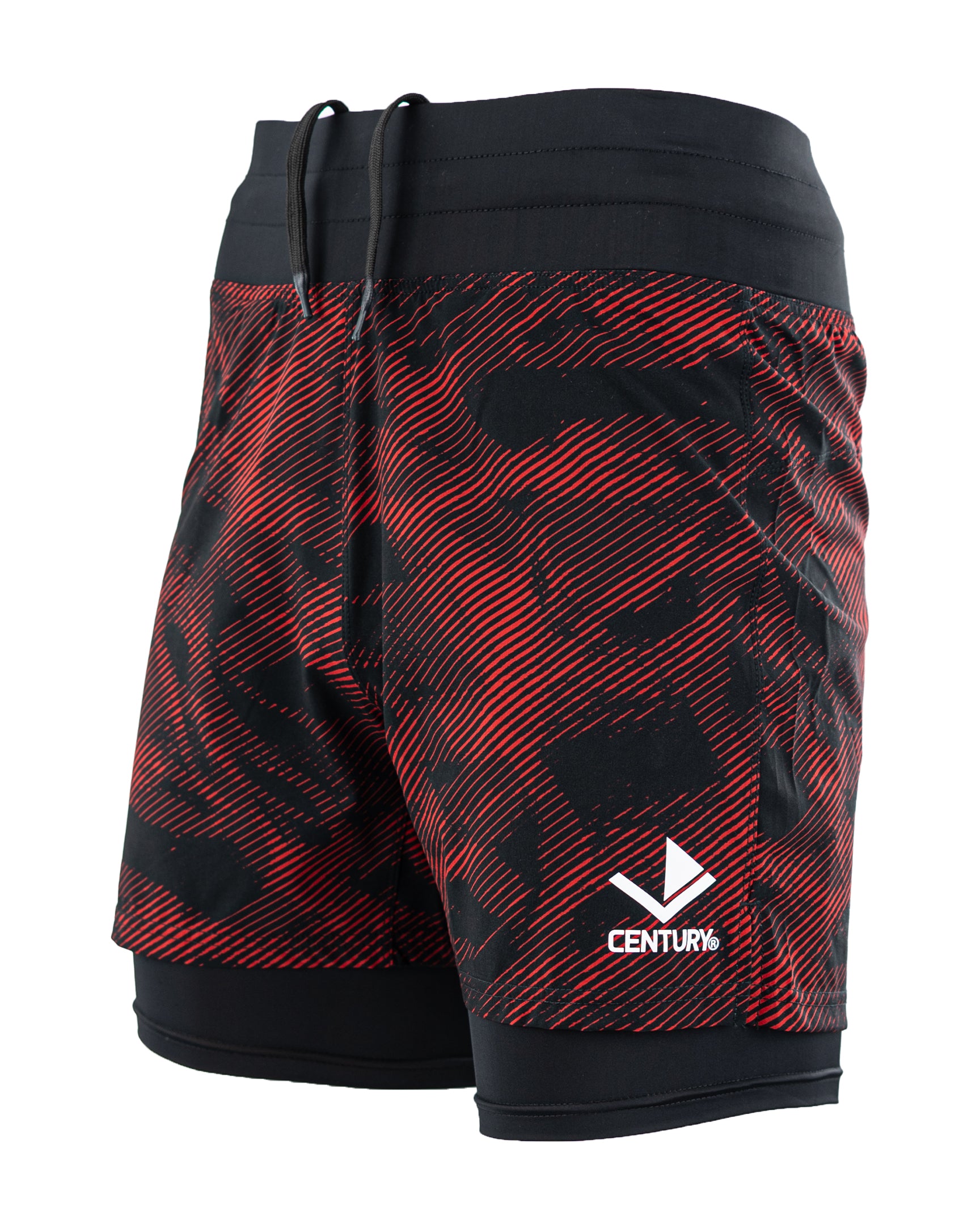 Men's red patterned training shorts with drawstring waistband and black leg hems.