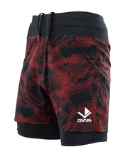 Men's red patterned training shorts with drawstring waistband and black leg hems.