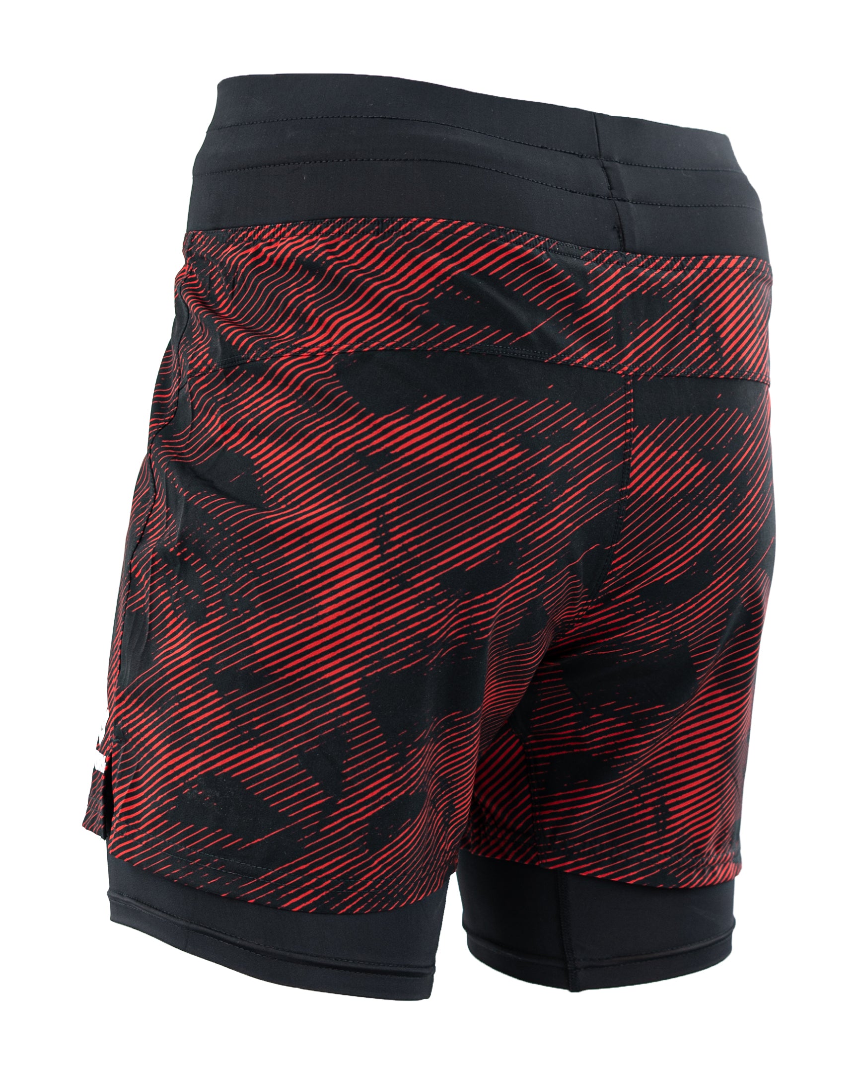 Men's red patterned training shorts with elastic waistband and black cuffs on both legs.