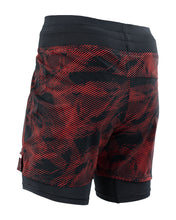 Men's red patterned training shorts with elastic waistband and black cuffs on both legs.