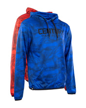 Blue men's performance hoodie back view with logo, hood and drawstrings, patterned fabric.