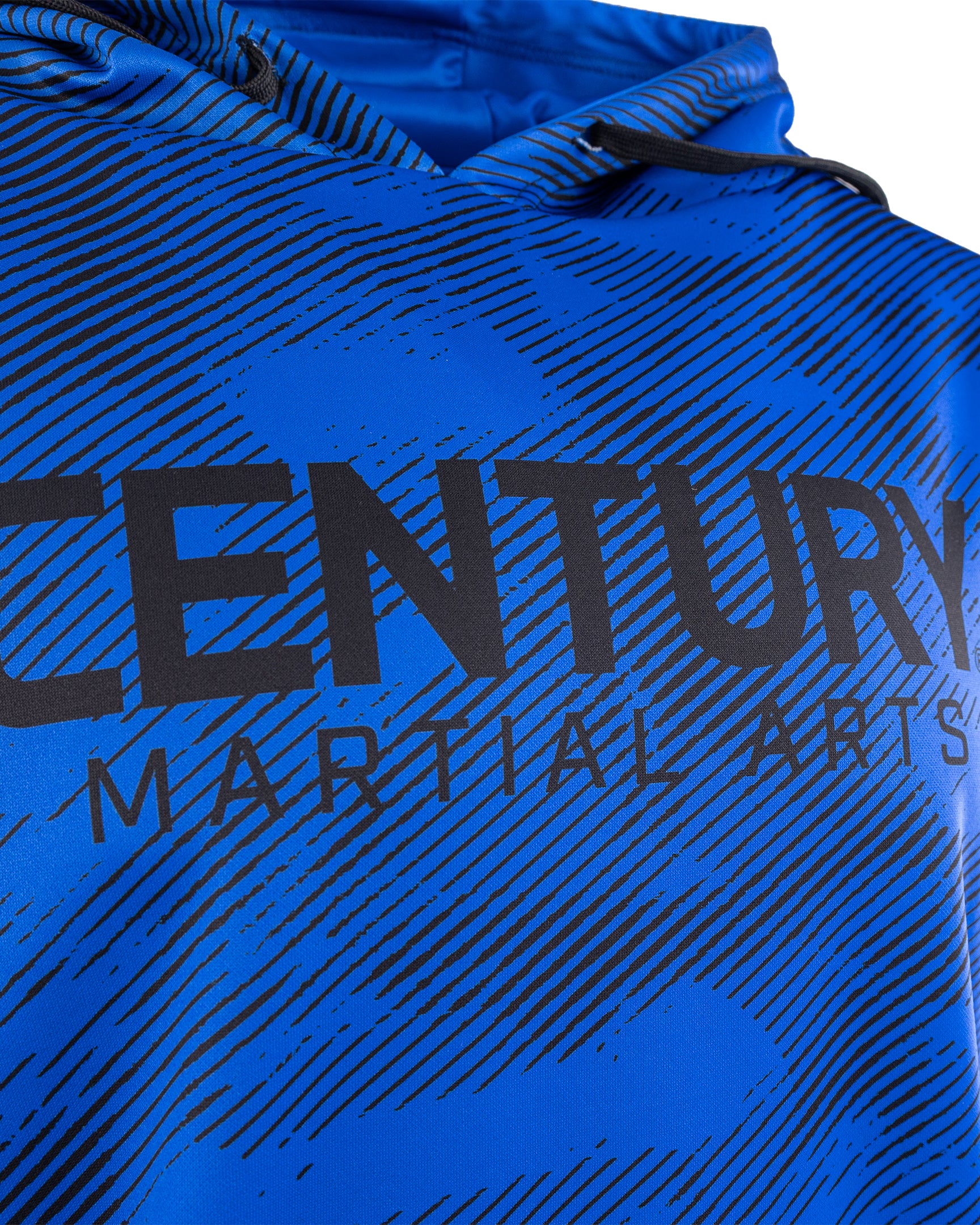 Blue hoodie chest logo with 'CENTURY' and 'MARTIAL ARTS' text, patterned knit.