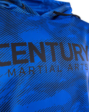 Blue hoodie chest logo with 'CENTURY' and 'MARTIAL ARTS' text, patterned knit.
