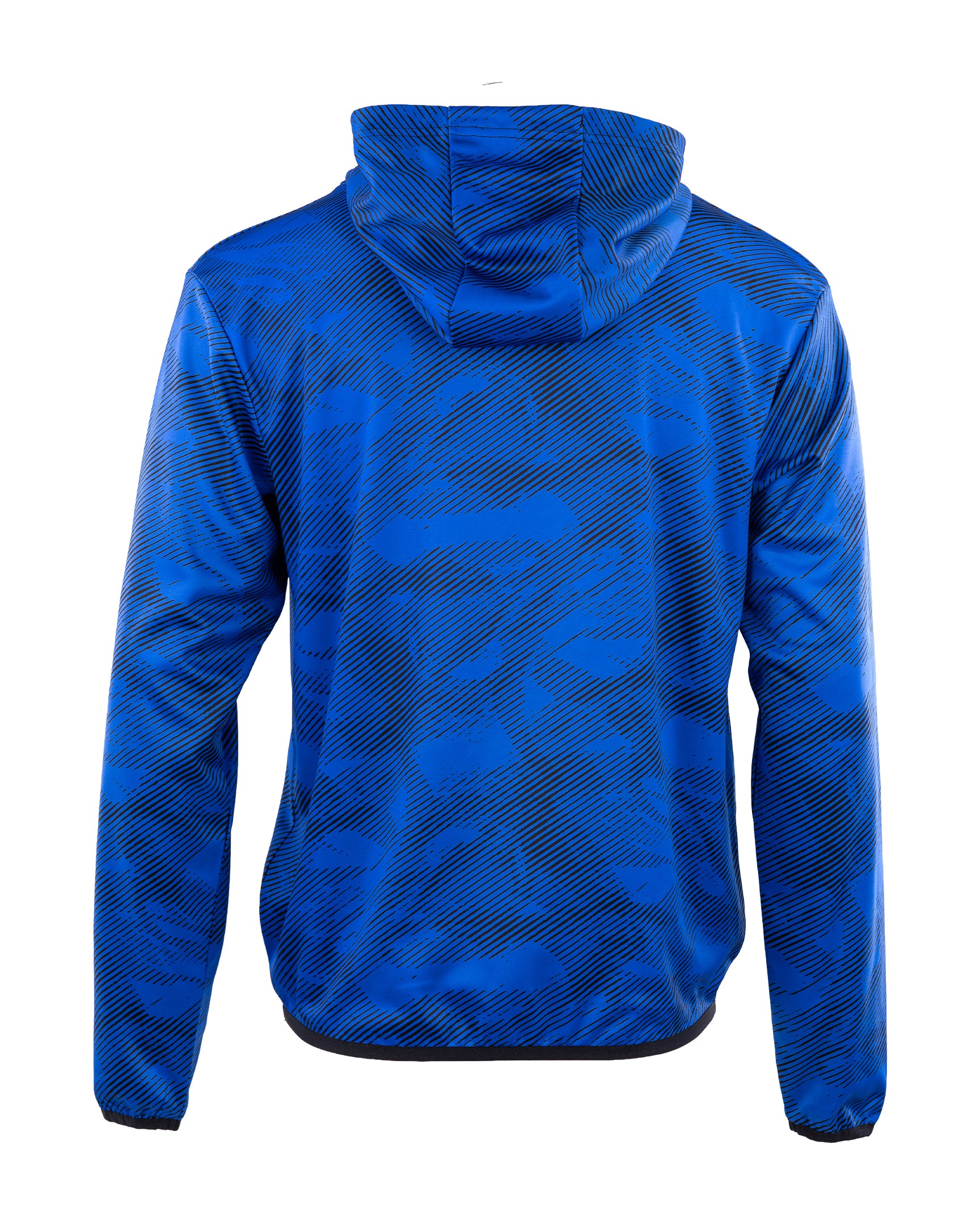 Blue men's performance hoodie front view, hooded neckline with drawstrings, kangaroo pocket.