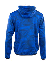 Blue men's performance hoodie front view, hooded neckline with drawstrings, kangaroo pocket.