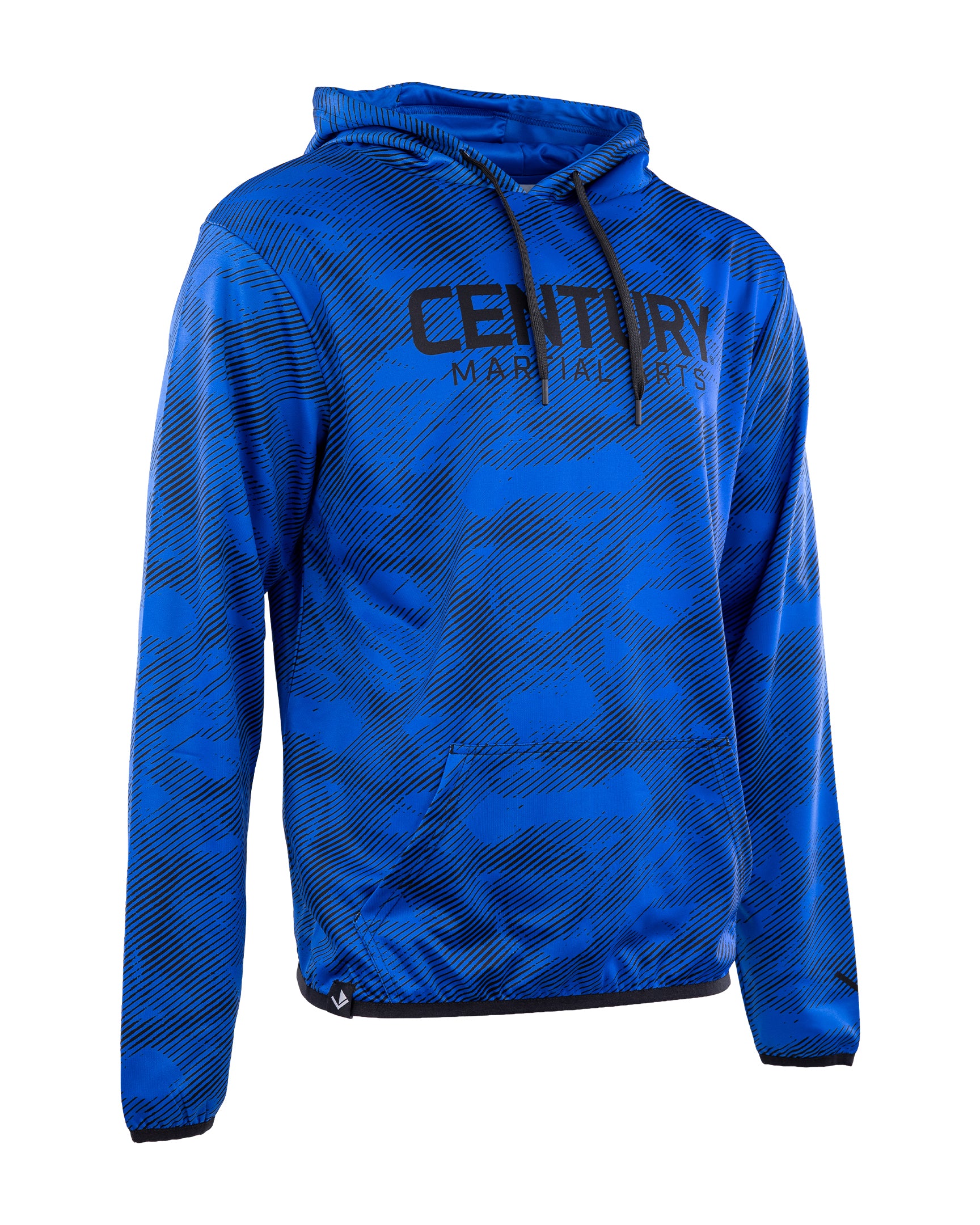 Men's performance hoodie in blue with hood, front pocket, and printed logo
