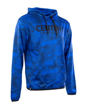 Men's performance hoodie in blue with hood, front pocket, and printed logo