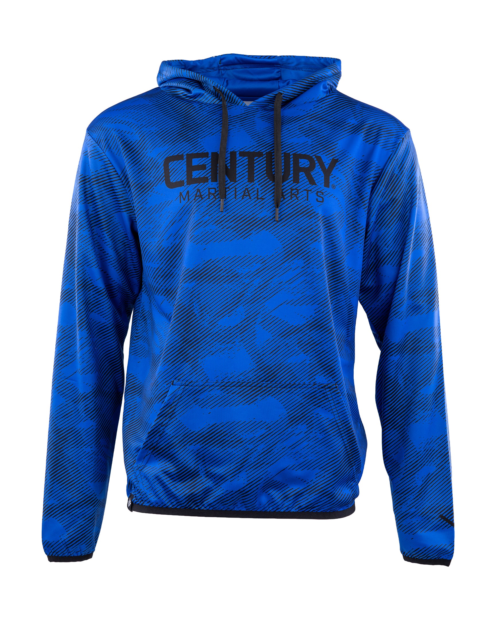 Blue men's performance hoodie with front logo, hood and drawstring, kangaroo pocket.