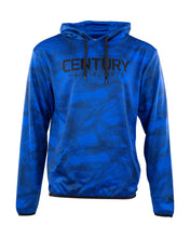 Blue men's performance hoodie with front logo, hood and drawstring, kangaroo pocket.