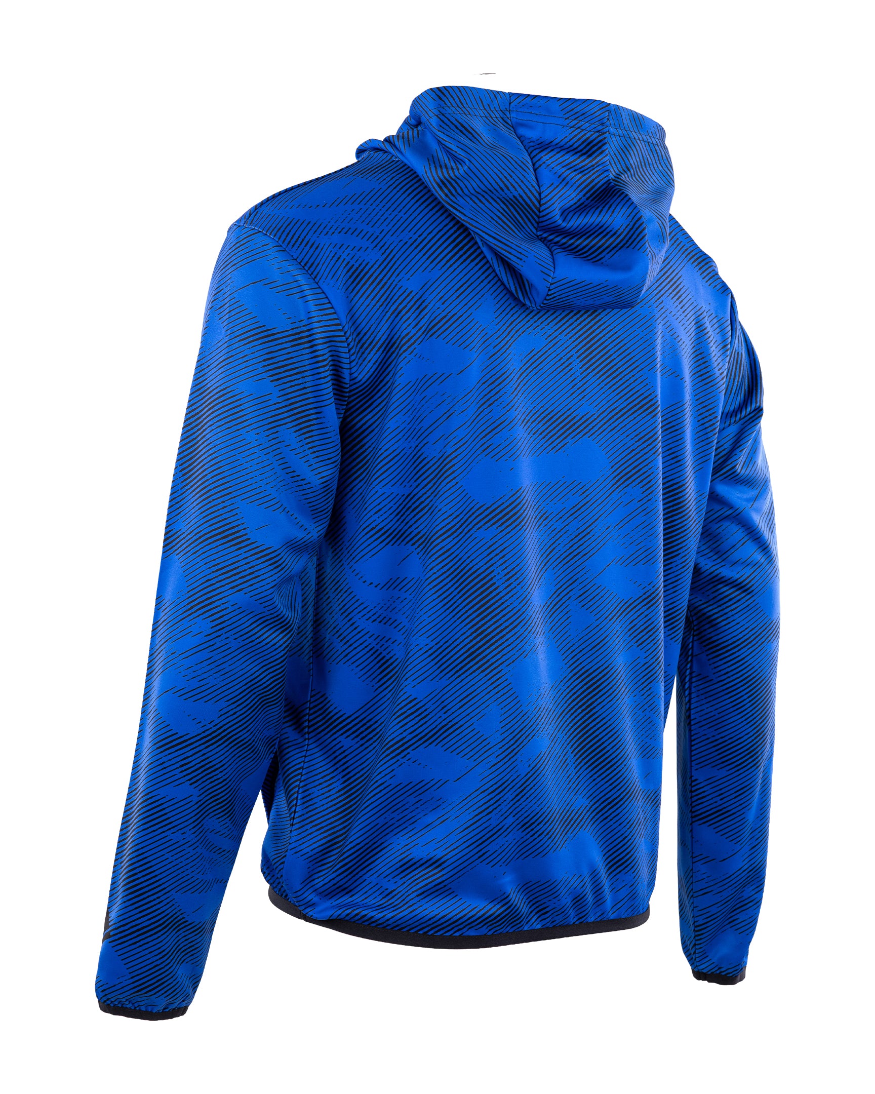 Blue men's performance hoodie rear view with hood and drawstrings, patterned fabric.