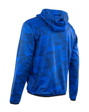 Blue men's performance hoodie rear view with hood and drawstrings, patterned fabric.