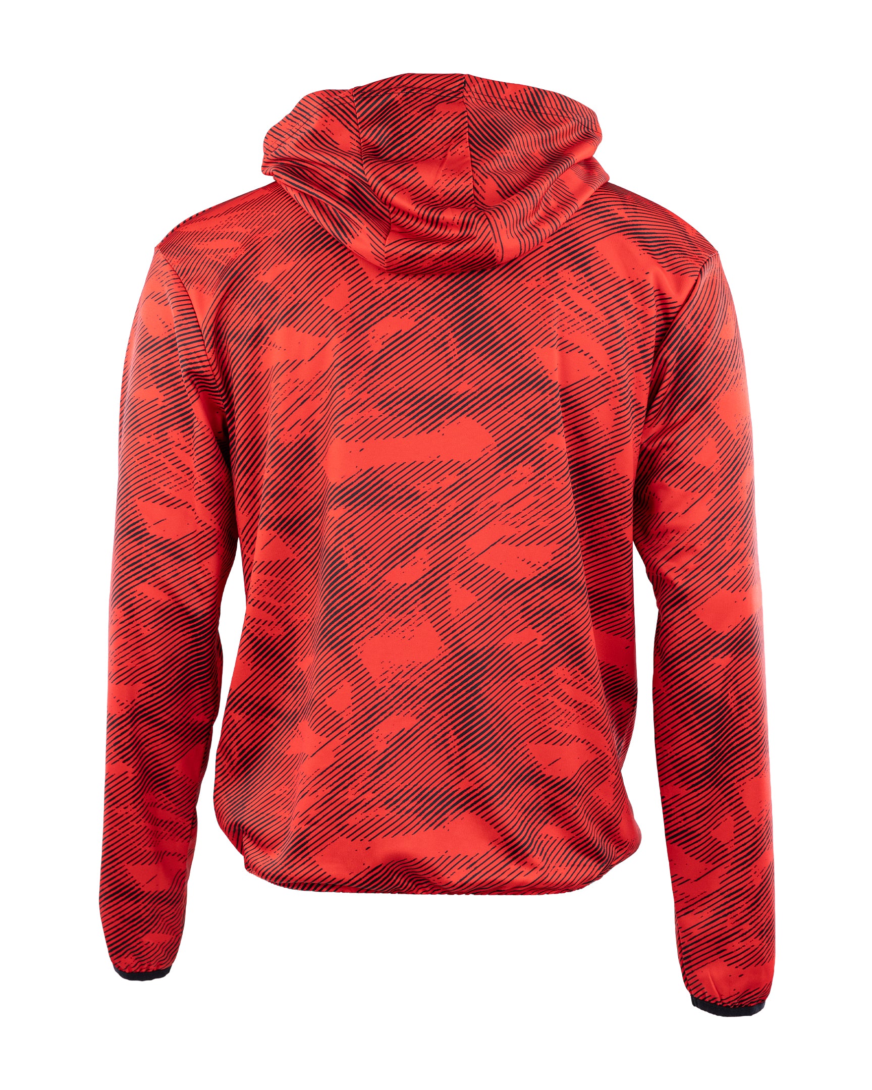 Red men's performance hoodie back view with hood and drawstring, patterned fabric.