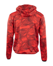 Red men's performance hoodie back view with hood and drawstring, patterned fabric.