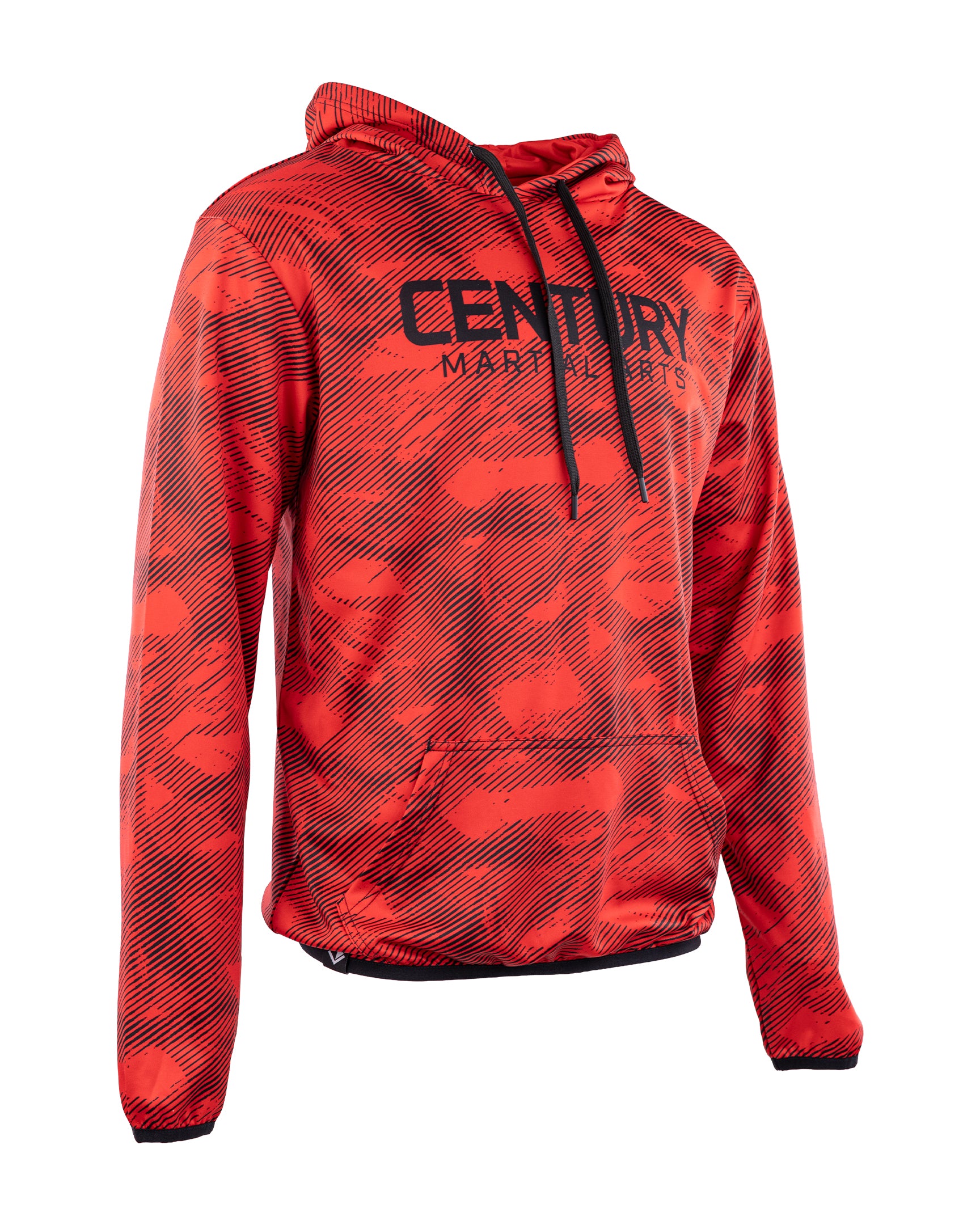 Red men's performance hoodie with front logo, hood and drawstring, kangaroo pocket.