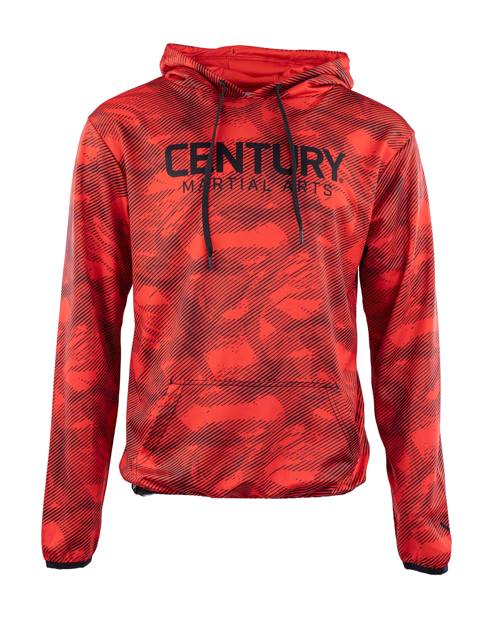 Red men's performance hoodie front view with large logo text, hood and drawstrings.