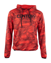 Red men's performance hoodie front view with large logo text, hood and drawstrings.
