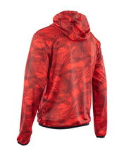 Red men's performance hoodie back view with hood and drawstrings, patterned fabric.