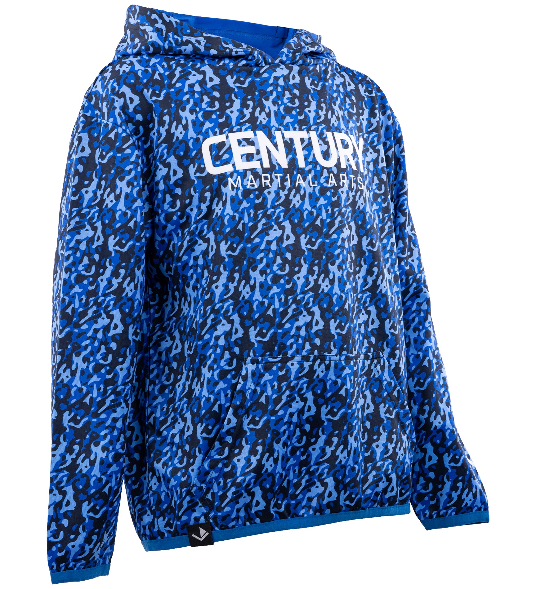 Blue patterned pullover hoodie with hood and "CENTURY MARTIAL ARTS" logo on back