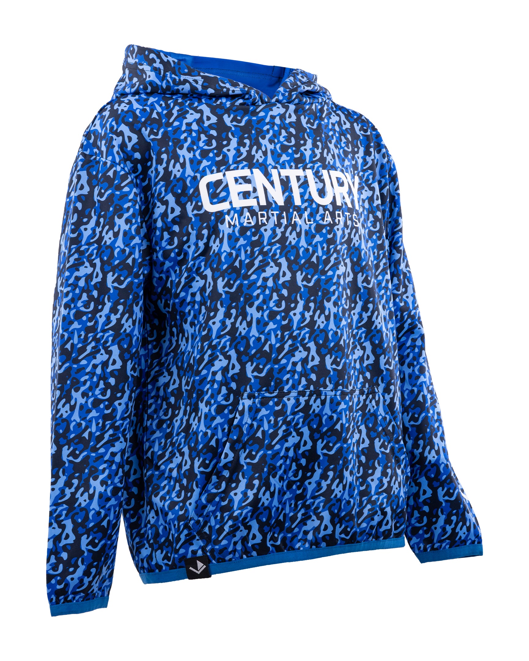 Blue patterned pullover hoodie with hood and "CENTURY MARTIAL ARTS" logo on back