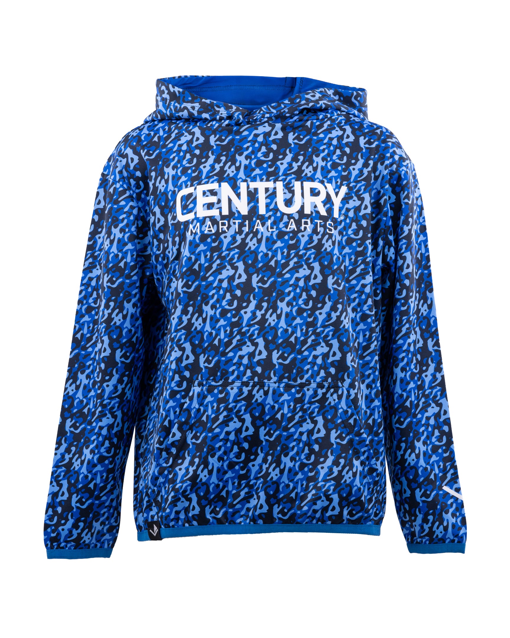 Blue patterned pullover hoodie with hood and "CENTURY MARTIAL ARTS" logo on front
