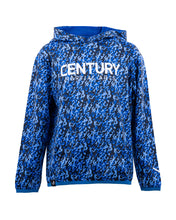Blue patterned pullover hoodie with hood and "CENTURY MARTIAL ARTS" logo on front