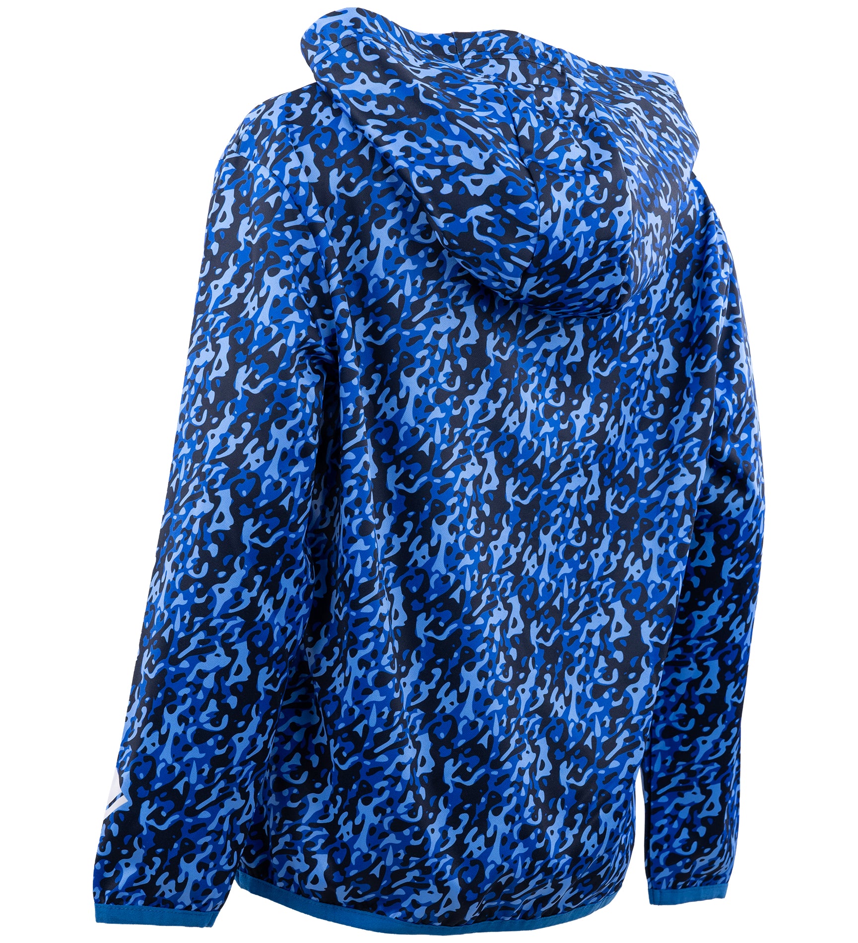 Blue patterned pullover youth performance hoodie with hood and long sleeves