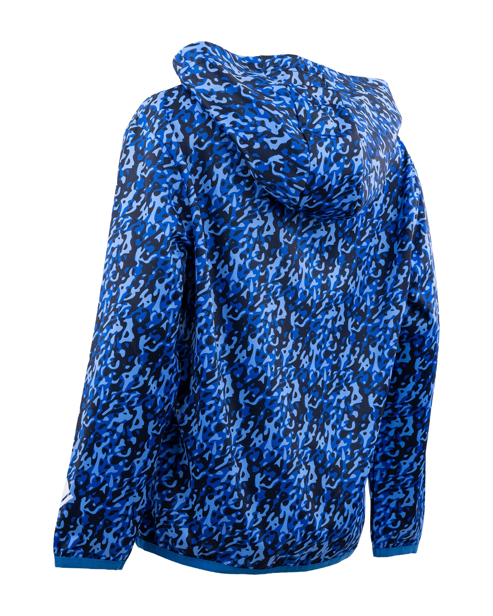 Blue patterned pullover youth performance hoodie with hood and long sleeves